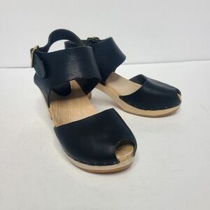 BRYR Clogs Size 38 Black Miranda Wooden Clog Sandals Leather Peep Toe Womens‎